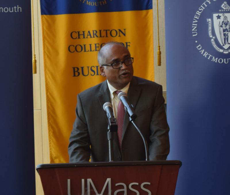 Charlton College of Business Dean Angappa Gunasekaran speaks at the ribbon cutting. BY DOUGLAS MCCULLOCH