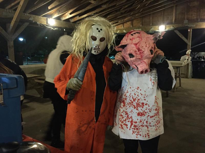 "I almost lost my voice because I was screaming so loud," said Kianna Warner in an inmate costume. Warner and Lizzie Circeo break from the trail with a hot chocolate run. BY ANGIE HILSMAN