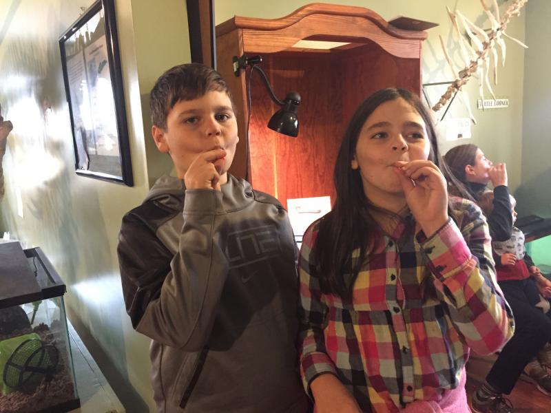 Nine-year-old twins Alex and Allison DaSilva practice their turkey calls with a straw. BY ANGIE HILSMAN