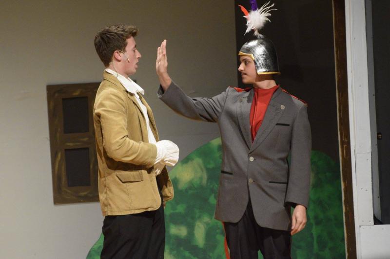 Count Gregor (played by Iric Rogers) explains to Leon Tolchinsky (played by Austin Watts that he has 24 hours to break the curse or Leon will become stupid as well. COURTESY DARTMOUTH HIGH THEATRE COMPANY/ FACEBOOK