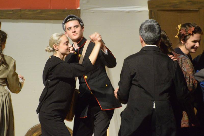 Abby Rego (playing Yenchna) and Ben Michaud (playing Mishkin the postman) perform a celebratory polka in the wedding scene. COURTESY DARTMOUTH HIGH THEATRE COMPANY/ FACEBOOK