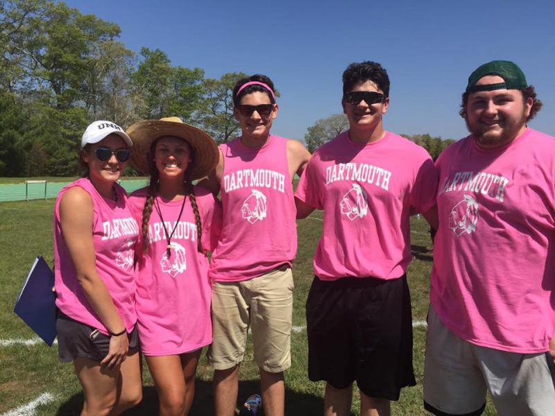 Dartmouth High students and event volunteers Cali Andrade, Riley Piva, Chase Werner, Colin McCabe, and Austin Noble smile for a photo. BY ANGIE HILSMAN