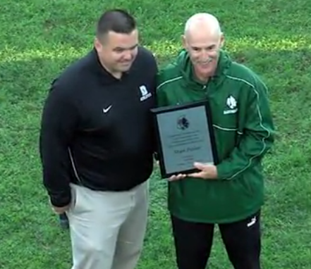 dartmouth poirier honored coach soccer former athletic caron plaque jeff television presents director courtesy mark community