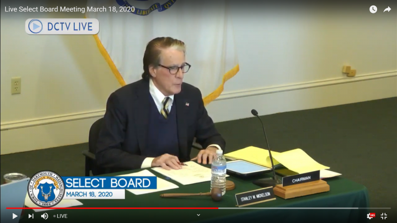 Dartmouth Week - Dartmouth, MA news - Select Board chair Stanley Mickelson during the emergency meeting on Wednesday evening, as seen from Youtube Live