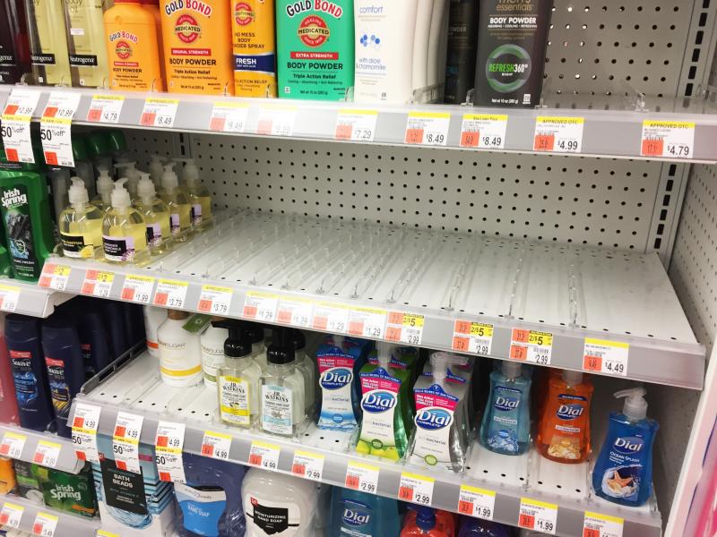 Dartmouth, MA news - An empty shelf of hand sanitizer at Walgreens on State Road