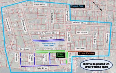 The group began their project by identifying the current parking spots and sidewalks throughout Padanaram. They hope to increase the number of parking spots to 243 and make the sidewalks continuous. COURTESY DANIEL DULASKI