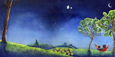 The opening image in "August Skies." To ensure that the human characters appear gender neutral in the book, the two are only ever seen from behind. ARTWORK BY HANNAH ROBIDOUX
