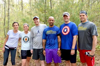 Members of the trail running group that meets at Destruction Brook Woods at 7 a.m. From left to right: Marcia Paquette, Cindy Tjersland, Ryan Powers, Steve Drayton, Jay Kruger and Mike Bates. BY SETH THOMAS