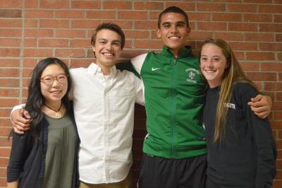 The four Dartmouth High School seniors who spoke during Family Fun Night. From left: Jaein Jung, Bryce Boswell, Nate Morgado and Grace Gamache. BY SETH THOMAS
