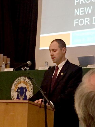 Acting Chief Brian Levesque gives a 10-minute presentation on the proposed police station alongside Project Manager Richard Pomroy and Arccitect Greg Carell. BY ANGIE HILSMAN
