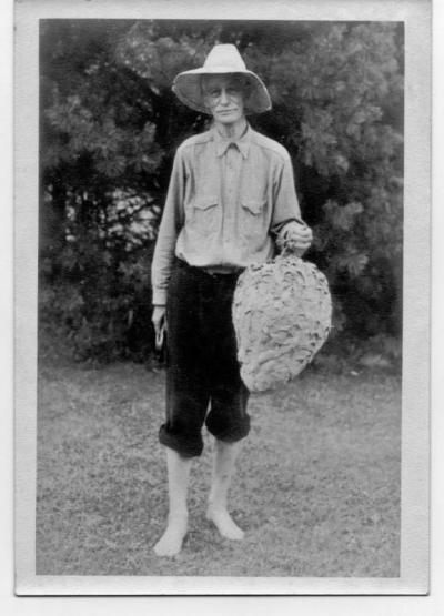 An unknown man holding a wasp’s nest. This photo was donated as part of a collection of papers from Mary Bettencourt-Bassett, who lived on Elm St. Courtesy of: Dartmouth Historical and Arts Society