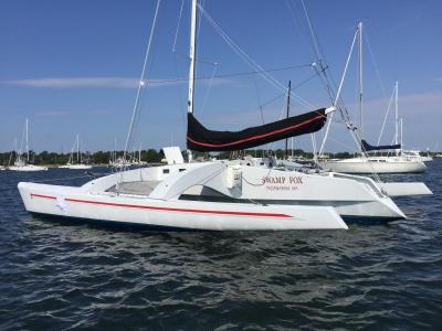 Don Watson’s trimaran Swamp Fox sporting a patch in her port hull, where she was struck by a boat during Friday’s race