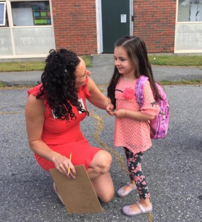 Rylee Noia, 5, meets her new kindergarten teacher Mrs. Frias at the Potter School.