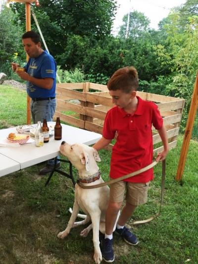 Preston Francisco, 11, tries to keep 7-month-old pup Bella away from the food.
