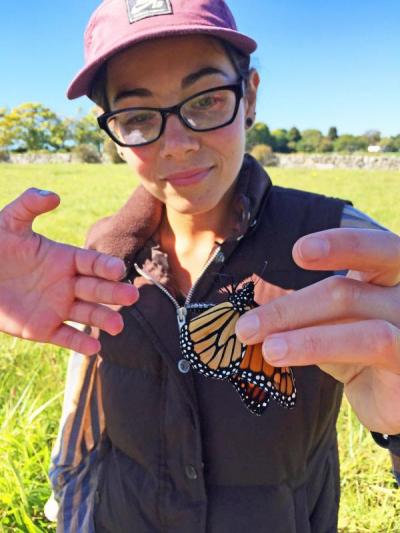 Rachel Medeiros examines a captured butterfly.