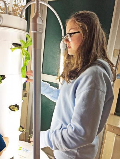 Abby Maxfield, a seventh grade middle school student, working on a hydroponic tower. Photo by: Kate Robinson