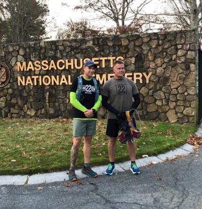 Josh Milich and Brian Tjersland in front of the Massachusetts National Cemetery in Bourne at the start of the journey on Veterans Day, November 11. Photo courtesy: Facebook/500 miles to end veteran suicide