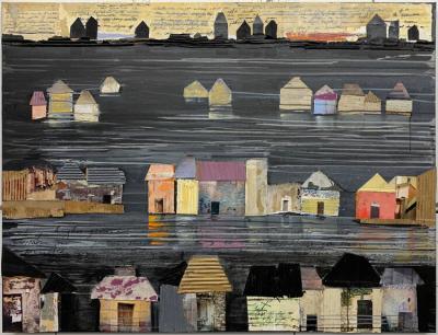 Dartmouth, MA news - artist profile - “Seeking Higher Ground,” 2019. Acrylic paint, photos, cardboard, textiles, papers, and ink on canvas. Image courtesy: Gayle Wells Mandle
