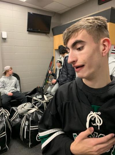 Liam in the changing room at the Dunkin’ Donuts Center in Providence on February 9. Photo courtesy: Kathleen Amaral