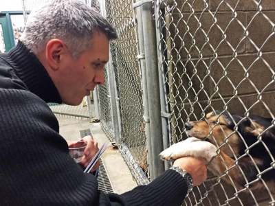 Lance Soares of Fairhaven meeting an adoptable pup at the shelter during last year’s gala. Photo by: Kate Robinson