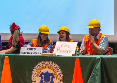 The DMS Worker Bees get “flummoxed” in the first flight and take their union-mandated break. Left to right: Dartmouth Middle School Teachers, Lisa Keene, Meaghan Maniglia and Jeremy McDonald.
