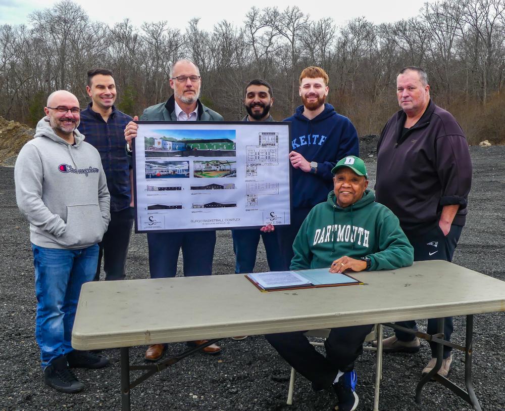(Back row) Board members Ray Medeiros, Geoffrey Faucher, Alekz Hirschmann, Preston LaBonte and Graham Gisherman and Select Board Vice Chair Shawn McDonald celebrate the signing of the lease with Steve Burgo, front. Photos by Leighah Beausoleil