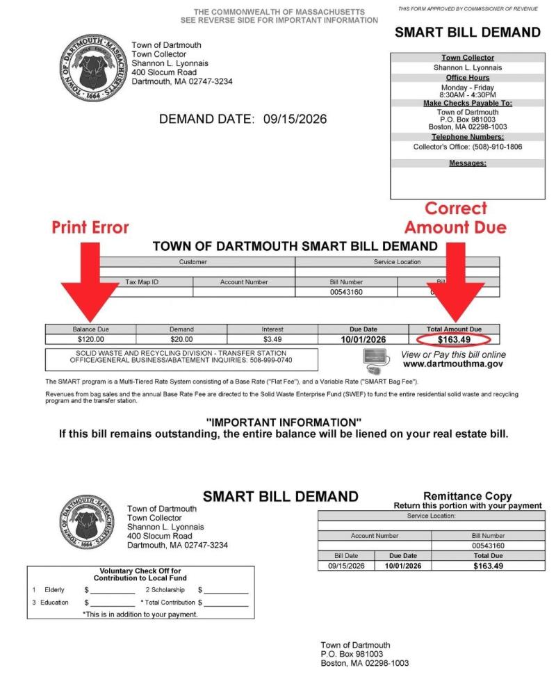 An example of the incorrect SMART bill. Source: Town of Dartmouth