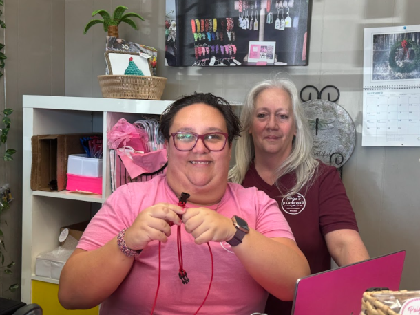 Paige and Marianne Santos pose while Paige works on a bracelet. Photos by Kat Sheridan