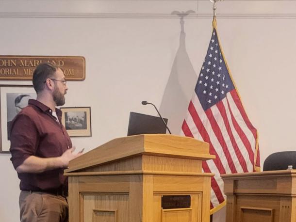 Principal Engineer Damien Dmitruk speaks at a Zoning Board of Appeals meeting on Monday, March 16.