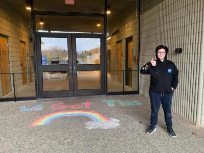 Tyler Ferreira wrote hopeful messages in chalk last month outside UMass Dartmouth, where his mother works. Photo courtesy: Tracie Ferreira Dartmouth Week - Dartmouth, MA news - Tyler Ferreira wrote hopeful messages in chalk last month outside UMass Dartmouth, where his mother works. Photo courtesy: Tracie Ferreira