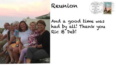 David Tatelbaum, Nancy Amaral, Doreen Gonsalves, Ric Golen, Vicki Abbott, Kathy Mullins, and the late Debbie Bowers outside for the class’ 45th reunion.