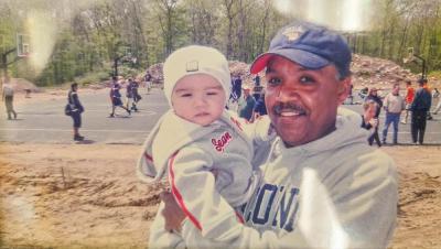 Steve Burgo with his grandson, Donovan Burgo, after the first court was built on Slocum Road in the early 2000s. Source: Steve Burgo