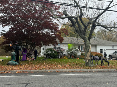 A creepily decorated yard. 
