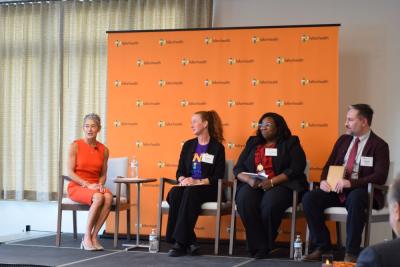 Jennifer Hoadley, Te-Ana Harris and Daniel Cohen answer questions from Kristine Bostek during the panel. 