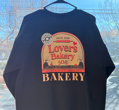 A sweatshirt for sale at the bakery. 