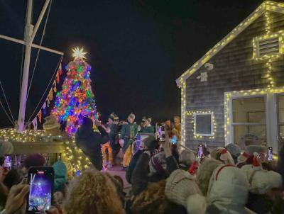 The buoy tree lights up Padanaram Village.