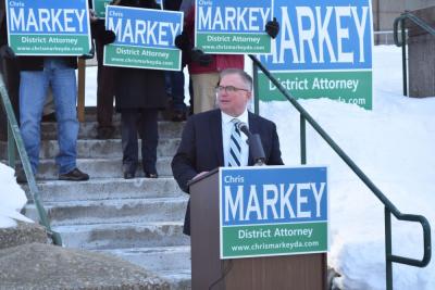 Chris Markey speaks at the Fall River District Court. Photo by Kat Sheridan