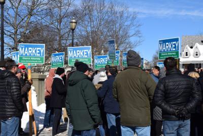 About a hundred supporters gathered to hear Chris Markey announce his candidacy. 