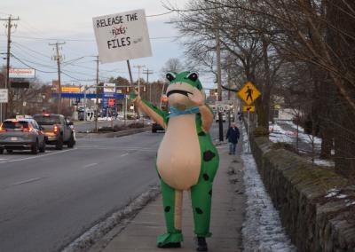 A frog holds a pun sign calling for the publication of the Epstein files.