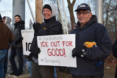 A sign calling for I.C.E. to leave.