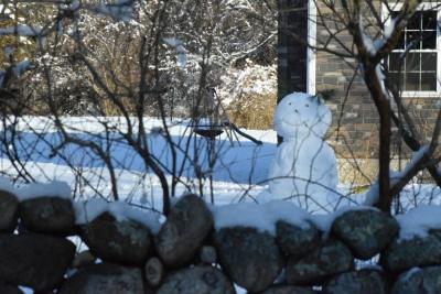 A snowman peaks out from behind a fence. 