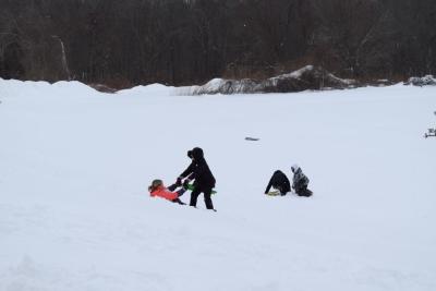 Kids sled down the hill behind town hall. 