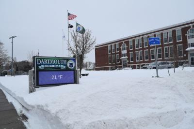 The town hall, all snowy.