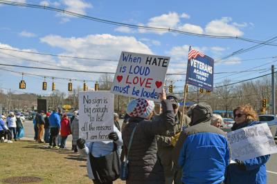 The crowd that gathered on the corner of Route 180 and Faunce Corner Road.