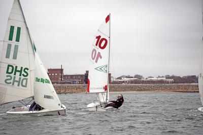 Phoebe Murray and Maisy Sperry practice steadying their boat.