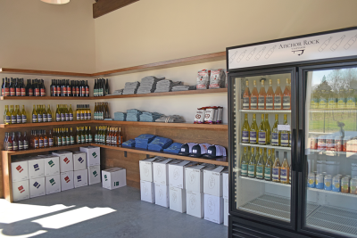Some of the wine bottles and merch available. 