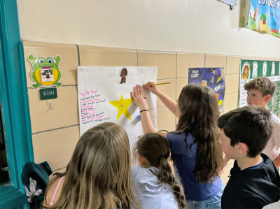 The students answer questions on their posters. 