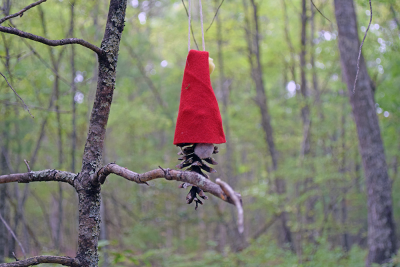 A gnome hangs behind a branch. 