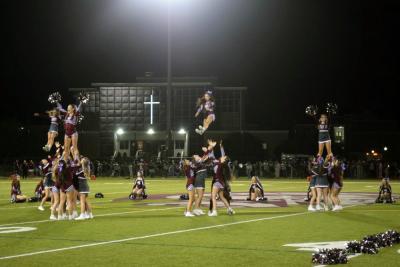 The Bishop Stang cheerleaders performed at halftime. 