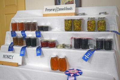 The preserves and honey on display. 